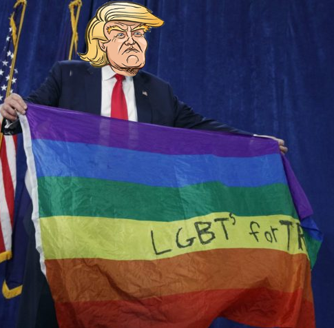 Donald Trump erscheint mit “LGBTs for Trump”-Fahne bei einer Wahlkampfveranstaltung